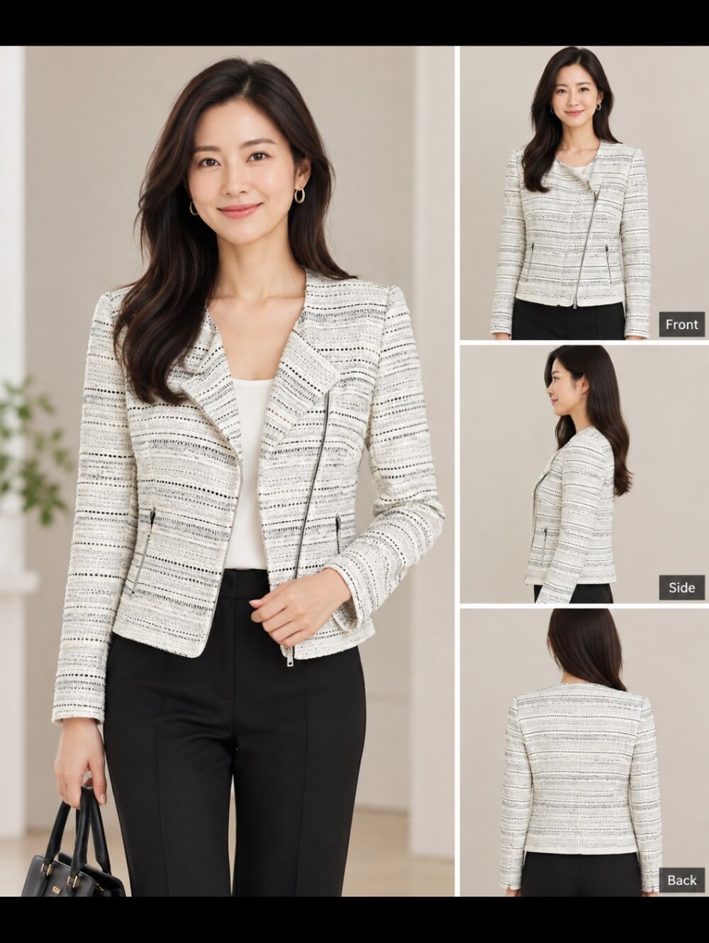 LOFT Black and White Blazer with Textured Woven Design